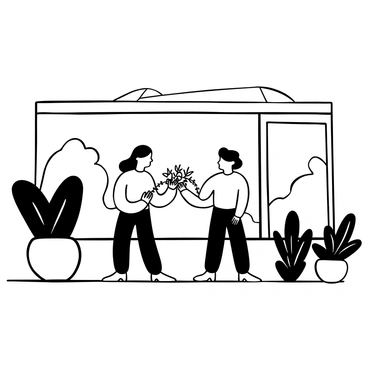 A couple standing close together, each holding a delicate floral garland, exchanging them with gentle movements. The backdrop features sleek modern architecture, with geometric shapes and large glass windows reflecting the surroundings. The ground is paved with smooth stone tiles. A few potted plants with simple designs are placed strategically around the scene, adding a touch of greenery to the setting. The couple is dressed in elegant attire that complements the simplicity of the surroundings.