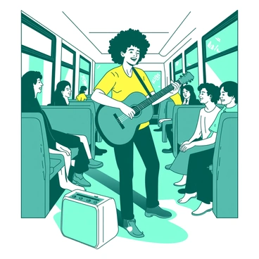 A teal street musician with curly hair is playing an acoustic guitar while standing in the aisle of a white bus. Passengers are seated around him, some looking up with smiles, while others are swaying to the music. The musician is wearing a bright yellow shirt, and next to him is a small white amplifier resting on the floor. Sunlight is streaming through the bus windows, casting soft shadows on the floor. The atmosphere is lively with a sense of joy as the music fills the air.
