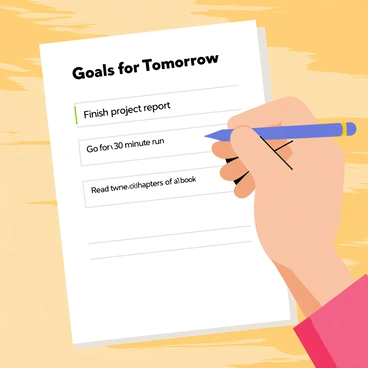 A hand holding a blue pen writes on a white notepad. The notepad has a simple grid layout, and the top of the page features the title "Goals for Tomorrow" written in bold letters. The items on the list include "Finish project report," "Go for a 30-minute run," and "Read two chapters of a book." The background is a wooden table with a soft light illuminating the scene, creating a focused atmosphere for planning achievements.