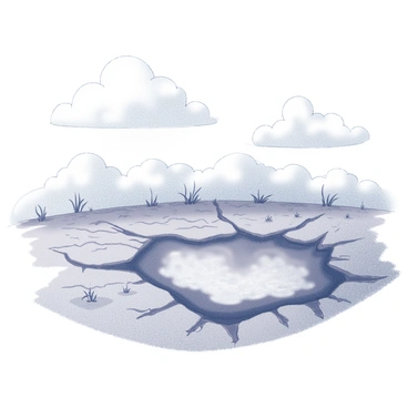A small puddle of water lies in the center of a dry, cracked field. The puddle reflects the expansive sky above, showcasing fluffy clouds and hints of blue. The surrounding ground appears parched and barren, with sparse patches of grass and occasional dried weeds. The contrast between the shimmering water and the desolate landscape creates a striking visual.