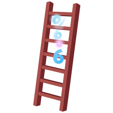 A wooden ladder is positioned vertically with rungs clearly numbered from 1 to 10. The ladder illustrates the fraction "8/6" prominently, with the numeral "8" highlighted in a vibrant color on the top section and the numeral "6" highlighted in a different color on the lower section. The rungs corresponding to the numbers are also distinctly marked, showing the division between the two highlighted sections. Each rung has a subtle gradient pastel color in the background, enhancing the visual appeal of the illustration.