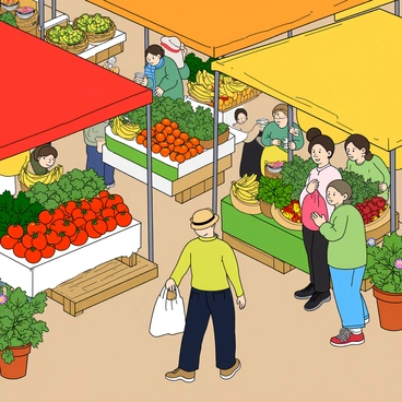 A bustling farmer's market filled with vibrant stalls showcasing an array of fresh fruits and vegetables. Each stall has a colorful canopy, with some in bright red, yellow, and green, creating a lively atmosphere. A vendor with light skin and a straw hat stands behind a table laden with ripe tomatoes, leafy greens, and bright orange carrots. Nearby, another stall displays an assortment of shiny apples and yellow bananas, with baskets overflowing. Shoppers of various ages can be seen exploring the stalls, some holding reusable bags filled with produce. The ground is covered with wooden pallets, and a few potted herbs are placed around for decoration. Bright flowers in pots add pops of color throughout the market scene.