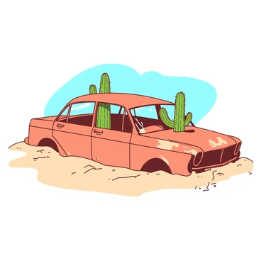 A rusted car, painted in shades of orange, is half-buried in beige sand. The car's body shows signs of age, with peeling paint and patches of rust visible on its surface. A lone cactus, bright green in color, is growing through the windshield, its spines stretching towards the sky. Surrounding the car, the sand creates a gentle slope, leading to a clear blue sky above. The scene captures the stillness of a deserted landscape.