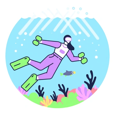 A diver is floating in a clear ocean, performing lateral raises. The diver is wearing a wetsuit and scuba gear, with fins on their feet. Sunlight filters through the water, creating sparkles around the diver. The diver's arms are extended out to the sides, forming a T-shape while holding green dumbbells. Beneath the diver, colorful coral and small fish are visible in the vibrant underwater scene. A school of fish swims in the background, adding to the lively environment. The surface of the water above reflects light patterns, enhancing the clarity of the scene.