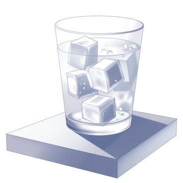 A clear glass filled with ice cubes, partially submerged in water. The ice cubes are beginning to melt, with droplets of water forming around them. A wooden table provides a warm surface beneath the glass, with a soft light enhancing the reflections on the glass. Sunlight streams in from the side, creating gentle shadows on the table. The water level in the glass is rising as the ice melts, while the sunlight creates glimmers on the surface of the water.