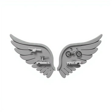 A logo design featuring a pair of stylized wings. Each wing is intricately detailed with feathers, showcasing a dynamic and uplifting appearance. Inside the wings, there are various modes of transport represented, including a sleek airplane, a modern car, a classic bicycle, and a sturdy ship. Each transport mode is carefully illustrated, displaying its unique characteristics and features. The arrangement is balanced, with the wings framing the transport modes harmoniously, creating a sense of movement and diversity in transportation.