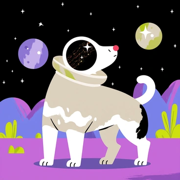 A dog wearing a shiny silver space suit stands on a colorful alien planet. The planet's surface is covered in purple and blue rocks with green, spiky plants scattered throughout. In the background, there are two large moons in a starry sky. The dog is looking curiously at a strange, floating object that emits bright, sparkly lights. Its helmet has a small reflection of the distant stars, and the dog’s tail wags joyfully.