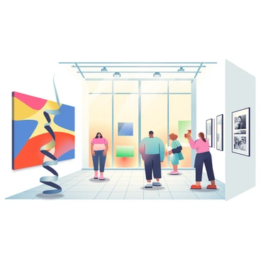 Inside a contemporary art gallery, white walls display various modern art pieces in vibrant colors and abstract forms. In the foreground, a tall sculpture made of metal twists upward, reflecting light. To the left, a large canvas features bold brushstrokes of red, blue, and yellow, capturing attention. On the right side, a series of black and white photographs are framed and hung in a straight line. The floor is polished wood, and visitors can be seen walking around, examining the artworks with curiosity. A warm, natural light filters in through large windows, illuminating the space.