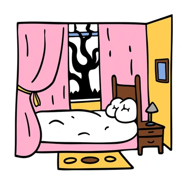 A bedroom with pastel-colored walls and a neatly made bed with fluffy white bedding. The curtains are drawn tight, blocking out light, but a chilling silhouette of a tree with twisted branches can be seen through the fabric. The room is furnished with a wooden nightstand holding a small lamp, and a cozy rug is placed on the floor. A framed picture hangs on the wall, adding a personal touch to the space. The silhouette appears dark and ominous compared to the soft, warm colors of the bedroom.