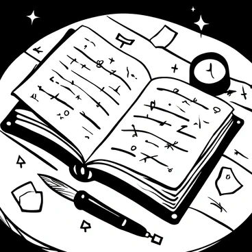 An open ancient tome lying on a wooden table, with pages slightly curled. The pages are adorned with intricate, glowing runes in various shapes and patterns. The tome itself features a worn leather cover, embossed with detailed designs. Surrounding the tome are scattered parchment papers and a quill, suggesting recent use. Shadows cast by a nearby candle flicker around the scene, enhancing the mystical atmosphere of the illustration.