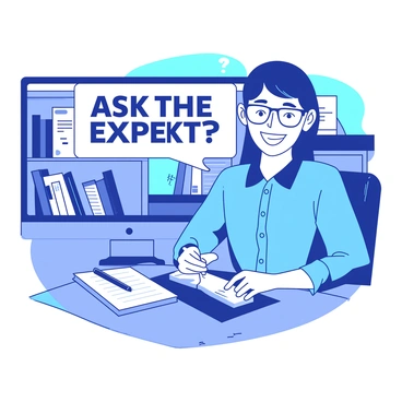 A specialist with glasses and a friendly smile is sitting in front of a computer screen that displays the title "Ask the Expert" in bold text. The specialist is wearing a blue collared shirt, with a notepad and pen resting on the desk beside them. They are looking directly at the camera, ready to engage with the audience. The room is well-lit, and behind the specialist, there are shelves filled with books and certificates, indicating their area of expertise. A question bubble is animated on the screen, suggesting that viewers can submit their inquiries.