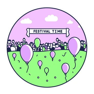 A simple round frame contains a scene of a field filled with balloons at a festival. The balloons are in various shapes and sizes, floating gently above the ground. There are clusters of balloons in different patterns positioned throughout the field. In the background, a large crowd of people can be seen enjoying the festival, with some animatedly pointing at the balloons. A banner hangs across the field, displaying the words "Festival Time" in large letters. The sky above is clear, with a few fluffy clouds scattered throughout.