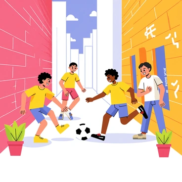 A group of five children playing football in a narrow city alleyway. The alleyway has brick walls on either side adorned with colorful graffiti. The children, wearing bright T-shirts and shorts, are energetically kicking a black and white football. One child is dribbling the ball while two others are positioned as defenders, and a fourth child is cheering from the side. Small potted plants are placed against the walls, adding a touch of greenery to the urban scene. A clear blue sky is visible at the top of the alleyway, enhancing the lively atmosphere.