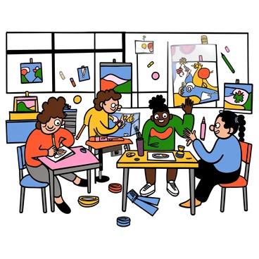 A lively classroom filled with colorful desks and artwork pinned on the walls. Several students are engaged in sketching with pencils and colored pencils. A light-skinned girl with big eyes and curly brown hair is sitting at a desk, intently drawing a vibrant landscape. Next to her, a dark-skinned boy with big eyes and short hair is animatedly discussing his piece with another student. This student has light skin and long black hair in a braid, and is actively gesturing with his hands. The room is bright, filled with natural light coming from large windows, and there are art supplies scattered on the tables, adding to the creative atmosphere.