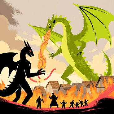 A Balrog and a dragon clashing in the skies above a burning village