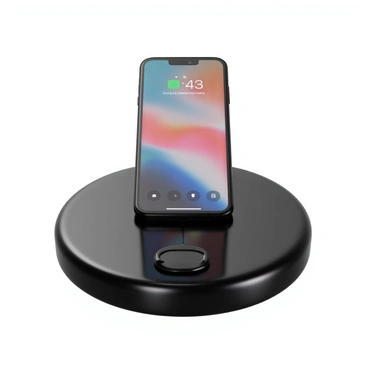 A modern smartphone with a glossy finish, displaying a vibrant screen with various app icons illuminated. The smartphone is positioned centrally on a sleek, circular charging pad made of black glass, reflecting the light. The charging pad features a subtle LED indicator that is glowing softly to show it is actively charging the device. The background is minimalistic, emphasizing the elegance of the smartphone and the charging pad.