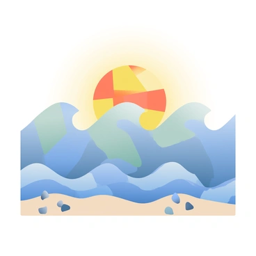 A series of low-poly ocean waves in varying shades of blue are gently crashing against a sandy beach. The waves are depicted with angular shapes, creating a stylized effect. Above the waves is a large, geometric sun composed of triangular segments in bright yellow and orange tones, casting warm light over the scene. The sandy beach is a light beige color with scattered low-poly rocks. The sky above is clear with a soft gradient transitioning from blue to light orange at the horizon.