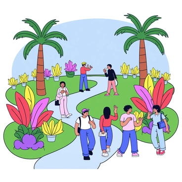 A group of visitors walking along a winding path in the Botanical Garden of Madeira. The garden is filled with a variety of exotic plants, featuring large, colorful leaves and vibrant flowers in shades of red, yellow, and purple. Tall palm trees tower above, providing shade for the visitors. Some individuals are taking photographs, while others are admiring the unique plant species. The setting has a lush, green atmosphere, with a clear blue sky visible above.