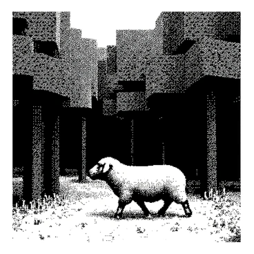 A dense forest in a Minecraft-inspired environment features numerous blocky trees with square leaves and trunks. The trees are closely packed together, creating a sense of fullness in the landscape. Among the trees, there is a wandering sheep, characterized by its blocky shape and fluffy texture. The sheep is moving through the forest, with grass and foliage surrounding its feet. The overall scene captures the unique geometric style of the Minecraft universe.