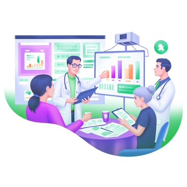 A modern pastel illustration depicting a group of four doctors engaged in discussion about oncology advancements at a medical conference. The first doctor, a woman in a white lab coat with glasses, is holding a tablet showing a graph. The second doctor, a man with short dark hair, is pointing to a large chart on a projector screen that displays cancer research statistics. The third doctor, an older woman with gray hair tied back in a bun, is taking notes on a clipboard. The fourth doctor, a young man with a stethoscope around his neck, is listening attentively. The background features an array of medical posters and banners, along with a round table covered in research papers and coffee cups.