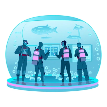 A group of operators wearing sleek, high-tech diving suits with illuminated panels and helmets is exploring an underwater facility. The facility features a large, dome-shaped structure made of transparent, reinforced glass, showcasing the aquatic environment around it. Bioluminescent sea creatures swim in the background, casting an ethereal glow. The operators are equipped with advanced tools and gadgets, examining control panels and monitoring data displays inside the facility. Bubbles rise around them, and the faint outline of a mysterious underwater landscape can be seen through the glass.