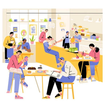 A bustling coffee shop filled with various patrons seated at wooden tables. The walls are adorned with colorful artwork and there are potted plants on window sills. In one corner, an artist is focused on sketching at a small round table. The artist has curly hair and is wearing a blue apron. A sketchbook is open in front of them, with a pencil in hand, capturing the lively scene around them. Cups of steaming coffee and plates with pastries are scattered on nearby tables, while baristas busy themselves behind the counter.
