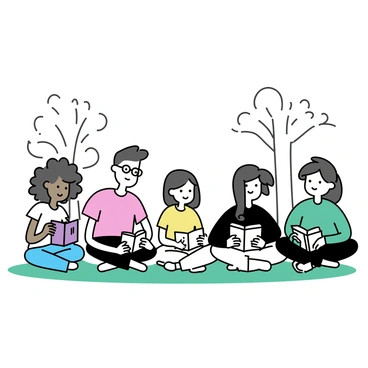 A group of five diverse individuals sitting on a green lawn in a park. The first person is a young Black woman with curly hair, wearing a white t-shirt and blue jeans, holding a book titled "The Color Purple." Next to her is a middle-aged Hispanic man with glasses, wearing a red shirt, reading from "The Catcher in the Rye." Nearby, an Asian woman with long straight hair, dressed in a yellow dress, is engrossed in "1984." A tall Caucasian man wearing a black jacket is reading "To Kill a Mockingbird," while a South Asian woman in a green sweater is holding "The Handmaid's Tale." They are all seated in a circle, surrounded by trees and soft sunlight filtering through the leaves. Each person is engaged with their book, creating an atmosphere of solidarity and protest against censorship.