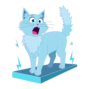 A surprised cat with frizzy fur standing on a metal surface. Its eyes are wide open, reflecting a shock, as its fur stands out in all directions. The cat's ears are perked up, and its tail is puffed up, displaying its startled reaction. Small sparks of electricity are visible around its body, highlighting the incident. The background is a soft blur, emphasizing the cat's intense expression and dynamic posture.