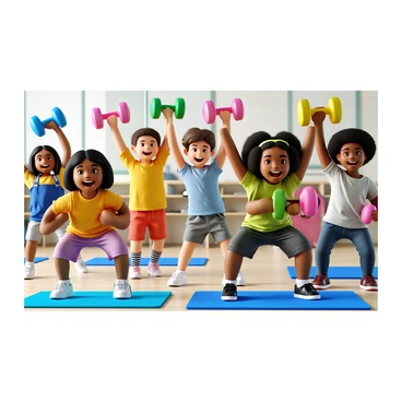 A gym class filled with children of diverse ethnic backgrounds engaging in physical activity. They are playfully using colorful dumbbells in various sizes. Some children have bright blue and green dumbbells, while others use pink and orange ones. The classroom has a vibrant atmosphere, with exercise mats on the floor and gym equipment in the background. The children are smiling and laughing as they perform various exercises, such as lifting the dumbbells over their heads or doing squats while holding them. An instructor is present, encouraging the children with a supportive expression.