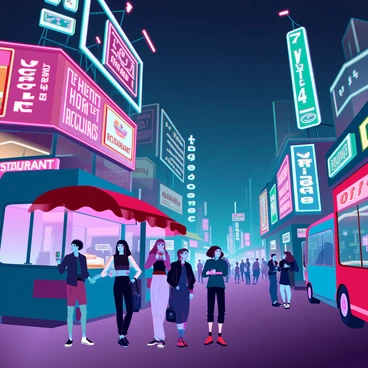 A city street at night illuminated by vibrant neon signs in various colors such as bright pink, electric blue, and vivid green. The signs display advertisements for restaurants, bars, and entertainment venues, each with distinct designs and glowing effects. Crowds of diverse people are walking along the sidewalks, some stopping to take photos or engage in conversation. A few street vendors are set up, selling food and drinks, with steam rising from hot dishes. The atmosphere is lively, with the sound of laughter and music filling the air as cars and buses pass by, reflecting the colorful lights on their surfaces.
