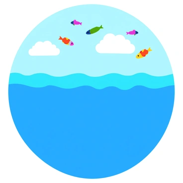 An ocean with vibrant blue water, displaying gentle waves. Above the water, colorful fish are swimming gracefully in the sky, showing a variety of patterns and sizes. Below the surface of the ocean, fluffy white clouds are floating, creating a whimsical contrast. The sunlight glimmers on the water, illuminating both the fish and the clouds, enhancing the surreal atmosphere of the scene.