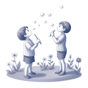 Two children are blowing bubbles together, each holding a bubble wand. One child has their mouth slightly open as they exhale, sending a stream of gleaming bubbles into the air. The other child watches in delight as the bubbles float away. They are standing on a grassy patch. The garden is filled with various flowers, each with distinct shapes and sizes, creating a lively atmosphere. The leaves of the plants are lush and provide texture, enhancing the scene.