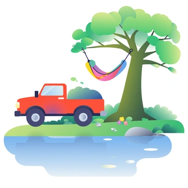 A rugged truck is parked beside a gentle river, with its wheels partially on the grassy bank. The river is calm, reflecting the clear blue sky above. A cozy hammock is strung between two sturdy trees, their trunks covered with green moss. The hammock is woven with vibrant colors, gently swaying in the light breeze. Lush greenery surrounds the scene, with various leaves casting playful shadows on the ground. Near the riverbank, a few smooth stones are scattered, and small wildflowers in shades of yellow and purple bloom nearby.