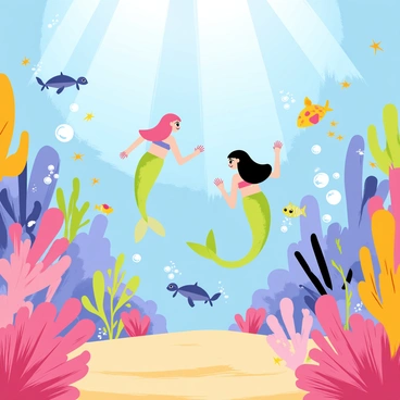 A vibrant underwater kingdom with a variety of colorful coral reefs in shades of pink, purple, and orange. Numerous mermaids with long flowing hair are swimming gracefully among the corals, each wearing shimmering tails in different colors. Schools of small fish in bright hues dart around the mermaids, while sea turtles glide by in the background. Light beams filter down through the water, creating a dazzling effect on the sandy ocean floor. Bubbles rise gently from the sea creatures, adding to the lively atmosphere of the scene.