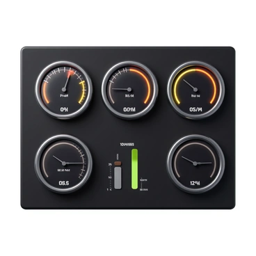 A control panel displaying a set of gauges and meters. The panel features multiple dials showing different quota metrics, including a circular gauge with a colored needle indicating a percentage, a digital display showing numerical values, and a bar graph meter illustrating performance levels. The gauges have a sleek design with clear markings and labels. The background of the panel is a dark, matte finish, enhancing the visibility of the instruments. Each meter is lit with a soft glow to highlight its readings.