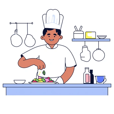 A chef wearing a white uniform and a tall chef hat is standing at a kitchen counter. The chef is in the process of sprinkling fresh green sage leaves onto a plate of food. The dish features a vibrant mixture of colorful vegetables and a protein that is neatly arranged. The kitchen is well-organized with utensils and ingredients in the background.