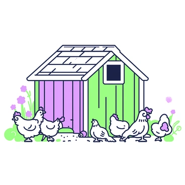 A group of chickens is clucking and pecking around a charming wooden chicken coop. The coop is constructed from weathered wood with a slanted roof and small windows. In front of the coop, several chickens are scattered on the ground, scratching at the dirt and pecking for seeds. Some chickens have fluffy feathers, while others are sleek, showcasing different shapes and sizes. A small flower garden with bright plants is visible beside the coop, adding a touch of life to the scene. The setting is sunny, with light illuminating the coop and the chickens as they engage in their activities.