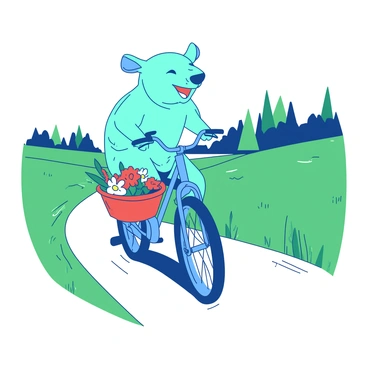 A teal wombat is joyfully riding a blue bicycle down a winding country lane. The bicycle has a small red basket attached to the front, filled with colorful wildflowers. Tall green grass lines the sides of the lane, and there are a few scattered trees in the background. The sky above is clear and bright, enhancing the cheerful atmosphere of the scene. The wombat's ears are flopping in the wind as it pedals along, a big smile on its face.