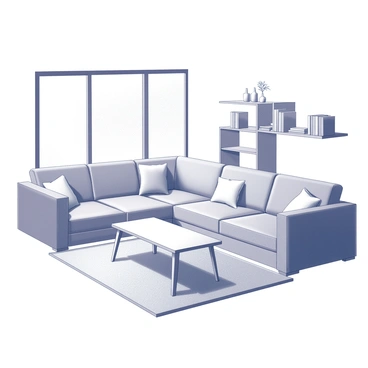 A living room featuring modern furniture arranged for comfort and functionality. There is a plush sofa with clean lines and a minimalist coffee table in front of it. A large picture window dominates one wall, allowing natural light to flood the space, while offering a view of the outside. Soft textures are present with cushions scattered on the sofa and a warm area rug on the floor. A sleek shelving unit displays books and decorative items, adding to the contemporary feel of the room.