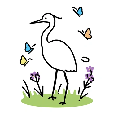 An egret surrounded by colorful butterflies fluttering around in a meadow