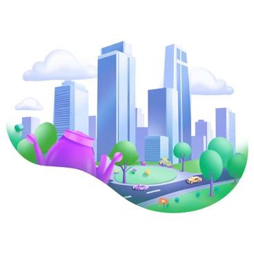 A vibrant cityscape featuring tall skyscrapers, each with varying architectural designs and glass facades reflecting the sunlight. The streets below are bustling with small cars and pedestrians, adding life to the scene. In the foreground, a park filled with green trees and colorful flowers creates a contrast against the urban backdrop. Clouds float in a blue sky, completing the composition and enhancing the sense of depth and perspective in the city.