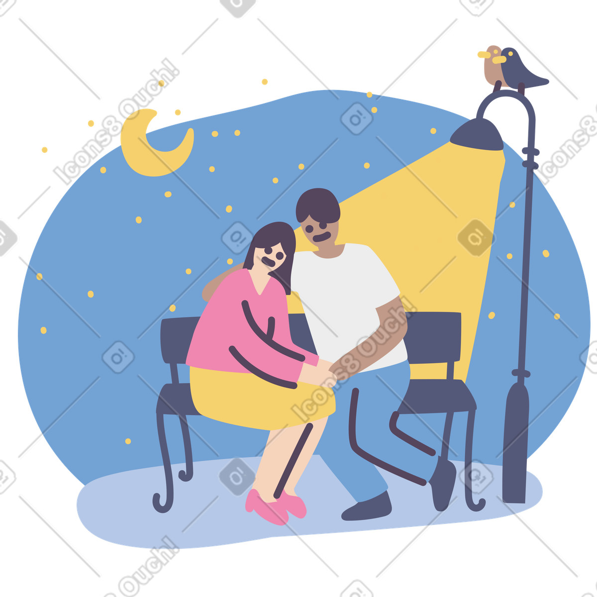 Man and a woman in love embracing on a bench under a street lamp in the evening illustration in Pluto style download in PNG, SVG