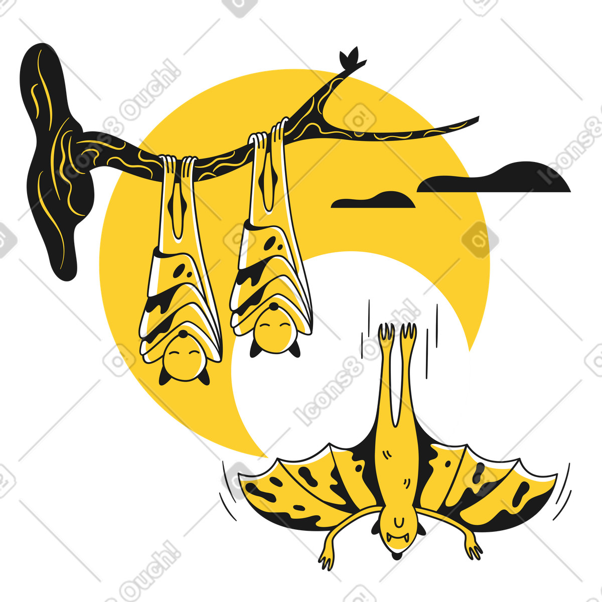 Bats on tree branch at night, Logged out concept illustration in Taxi style download in PNG, SVG