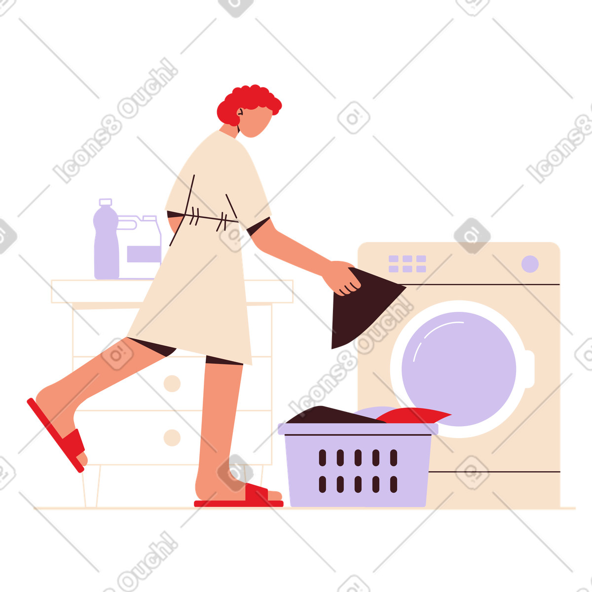 Putting clothes into washing machine, laundry or household maintenance illustration in Folks style download in PNG, SVG
