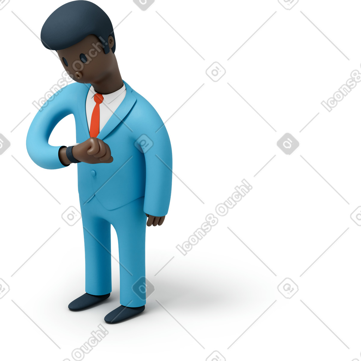 Schwarzer geschäftsmann, der die zeit auf seiner uhr überprüft-Illustration im 3D Flame-Stil als Download in PNG, SVG