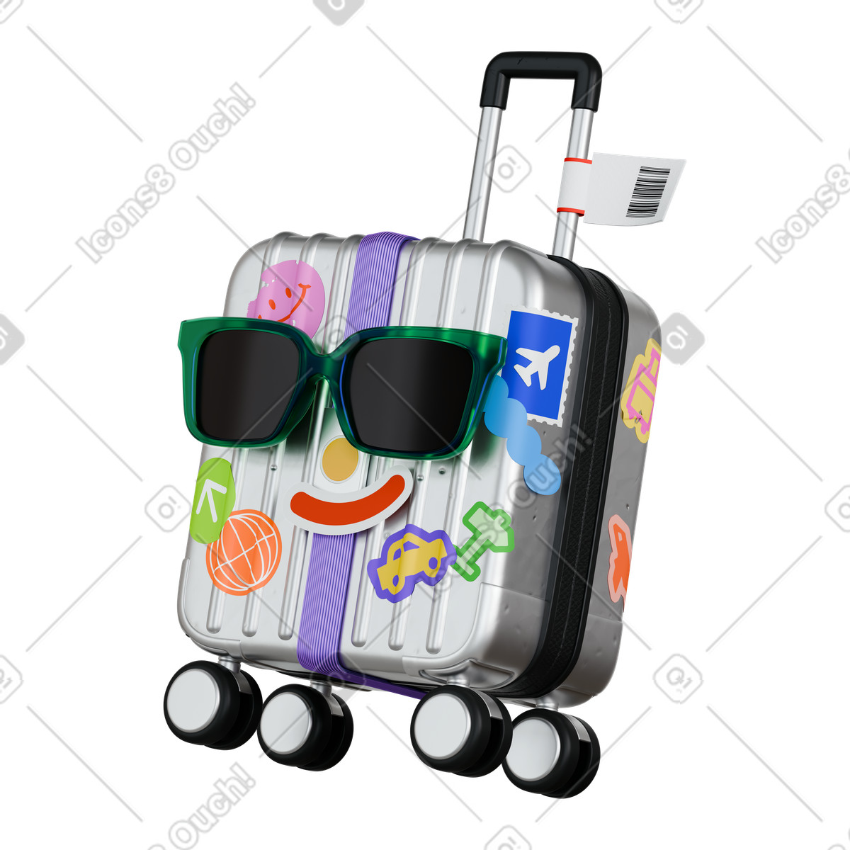 Иллюстрация Suitcase with stickers and sunglasses в стиле 3D Stickle — скачать в форматах PNG, SVG