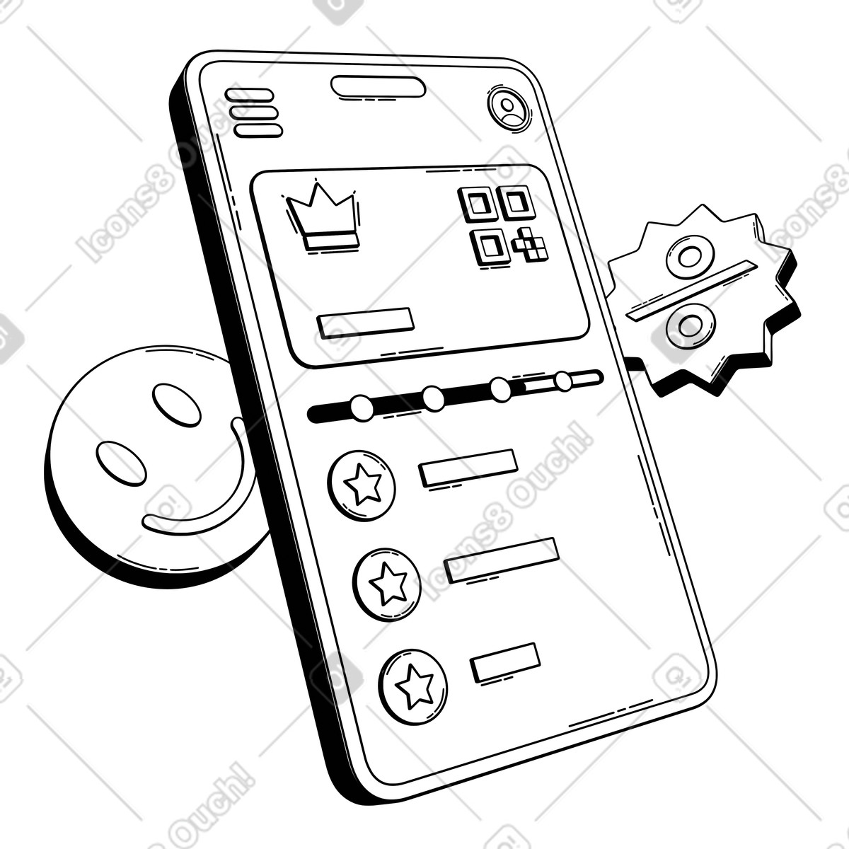 Illustration animée Application mobile avec carte de fidélité, système fidélisation et récompenses clients dans le style 3D Techny Line à télécharger aux formats GIF, Lottie (JSON), AE