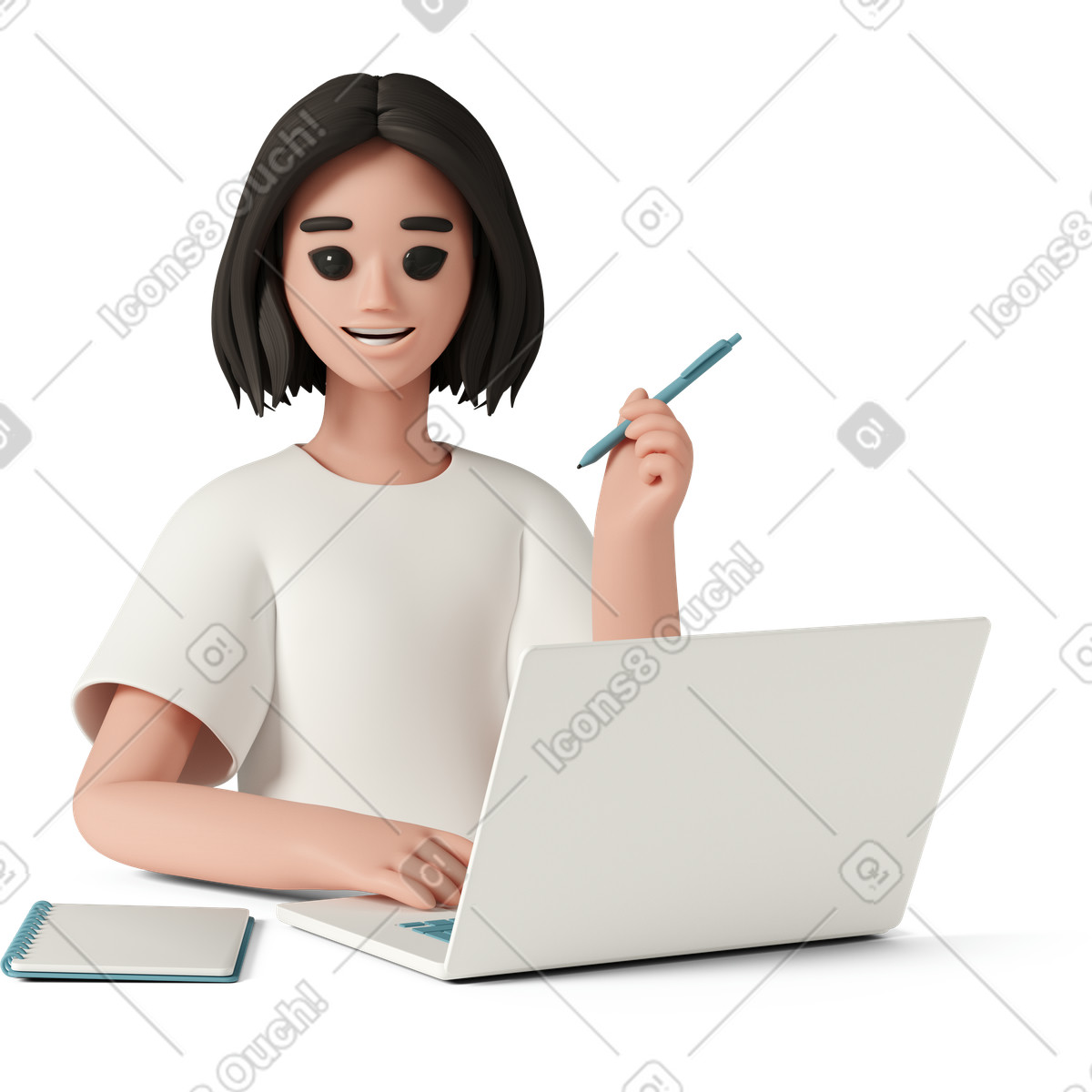 Young smiling woman working at laptop-Illustration im 3D Casual life-Stil als Download in PNG, SVG