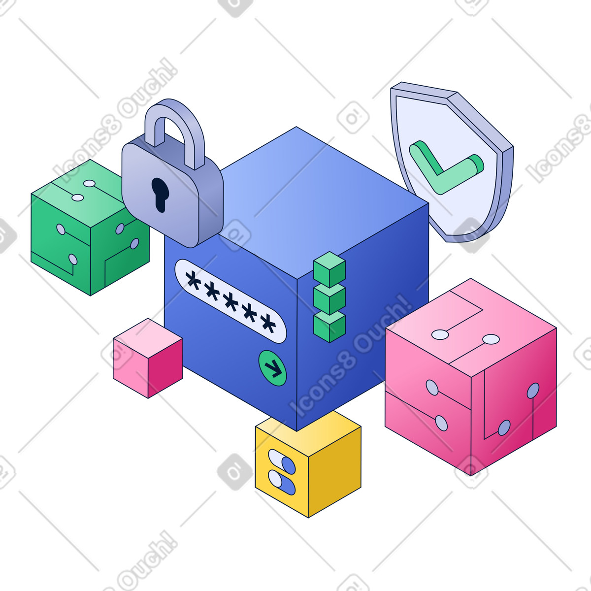 Digital cubes with padlock and shield, Cybersecurity and data protection illustration in PNG, SVG