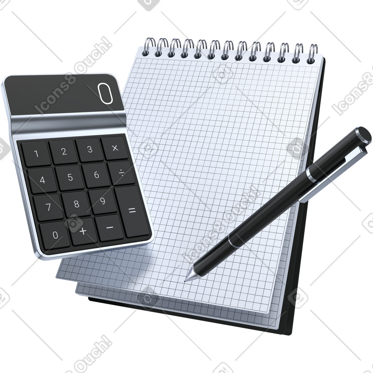 Illustration Calculatrice avec bloc-notes quadrillé et stylo, planification budgétaire suivi des dépenses dans le style 3D Pro à télécharger aux formats PNG, SVG